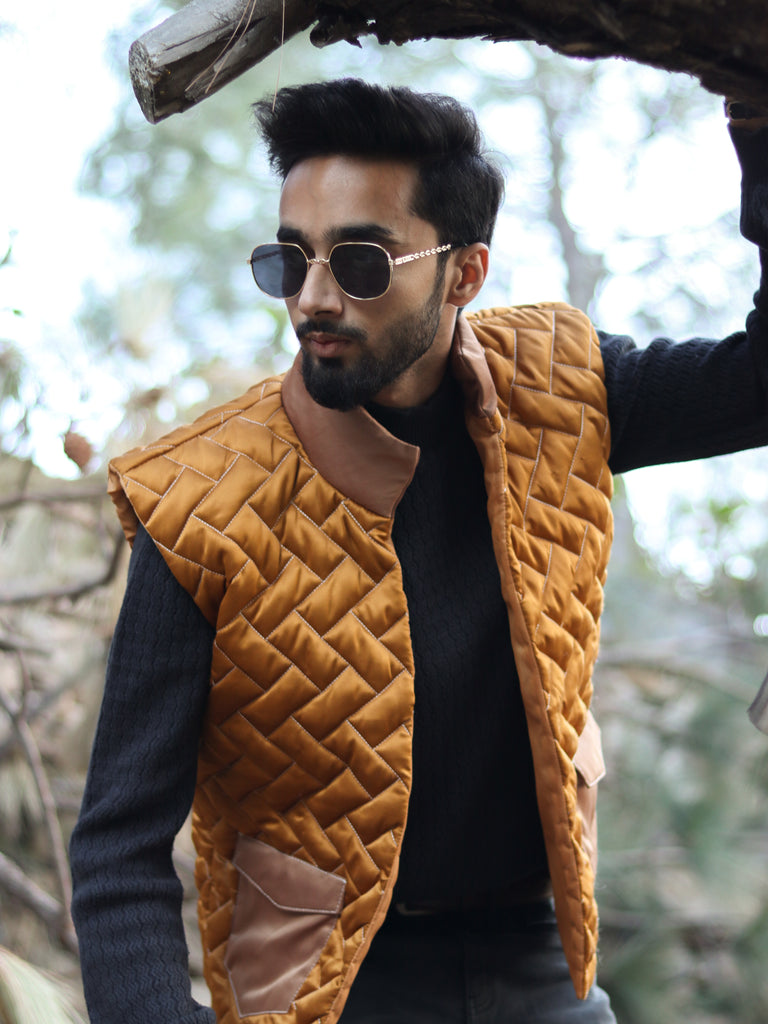 Orange Quilted Sleeveless Jacket